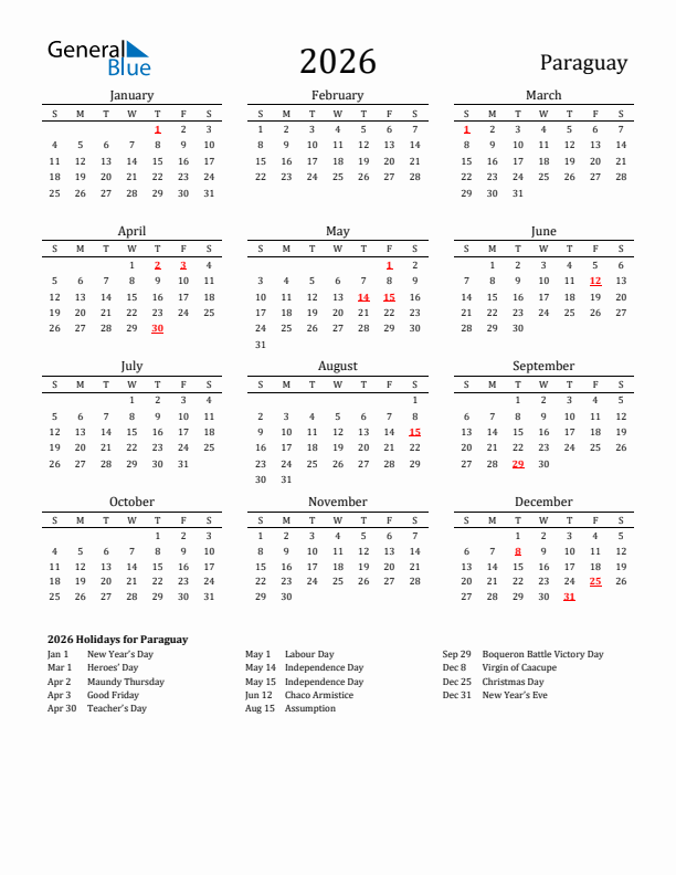 Paraguay Holidays Calendar for 2026