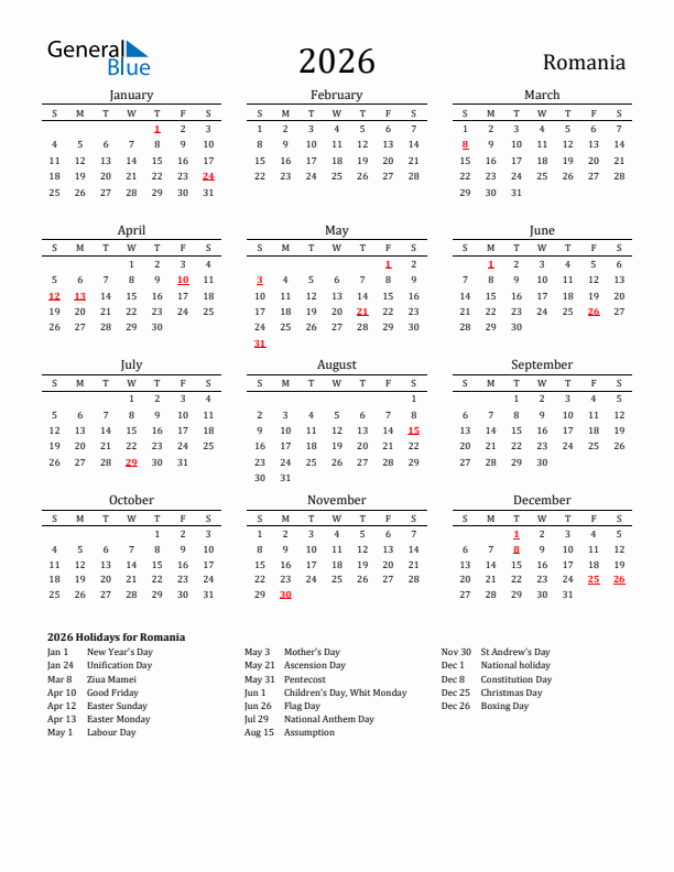 Romania Holidays Calendar for 2026