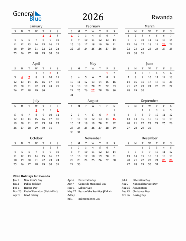 Rwanda Holidays Calendar for 2026