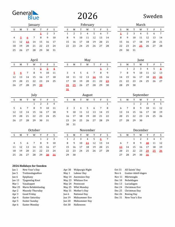 Sweden Holidays Calendar for 2026