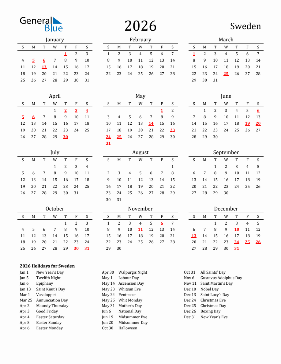 Free Sweden Holidays Calendar for Year 2026