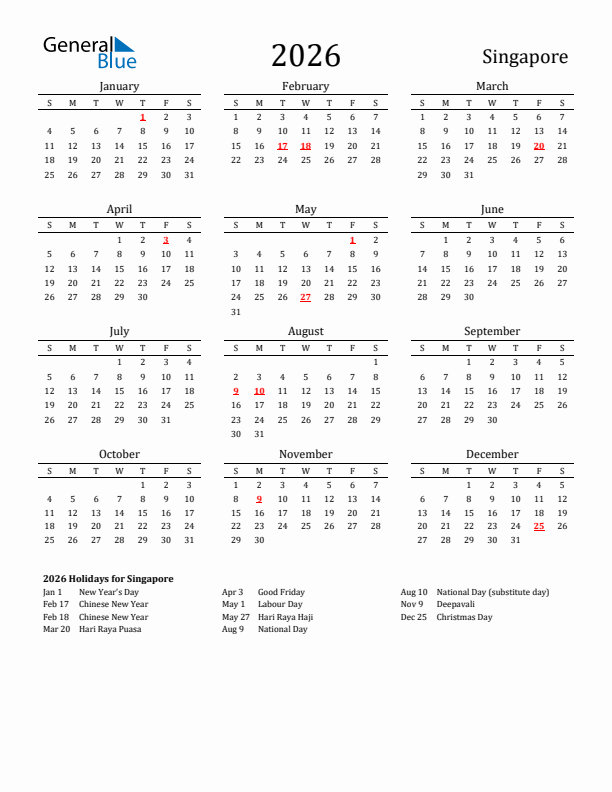 Singapore Holidays Calendar for 2026