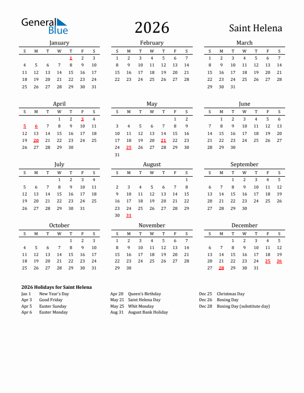 Saint Helena Holidays Calendar for 2026