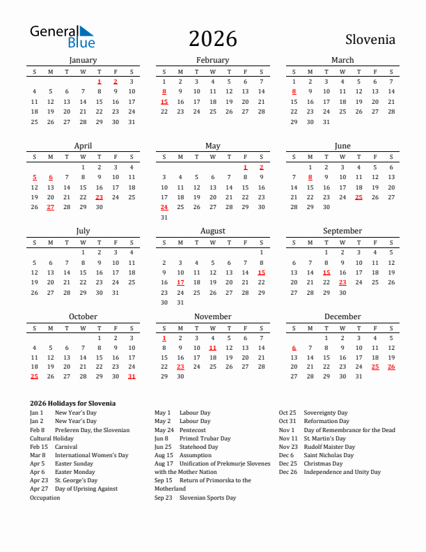 Slovenia Holidays Calendar for 2026