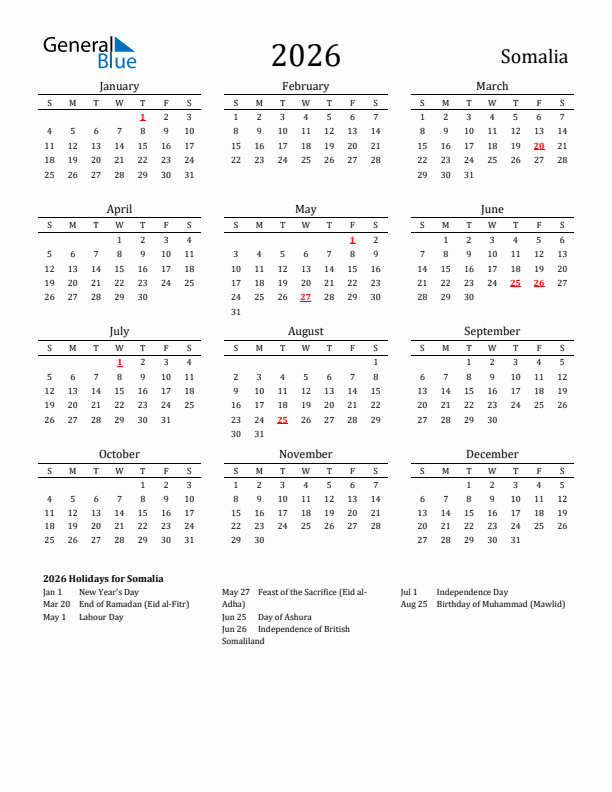 Somalia Holidays Calendar for 2026