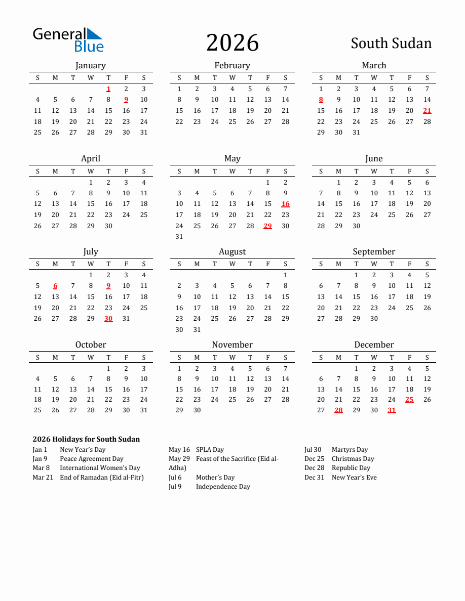 Free South Sudan Holidays Calendar for Year 2026