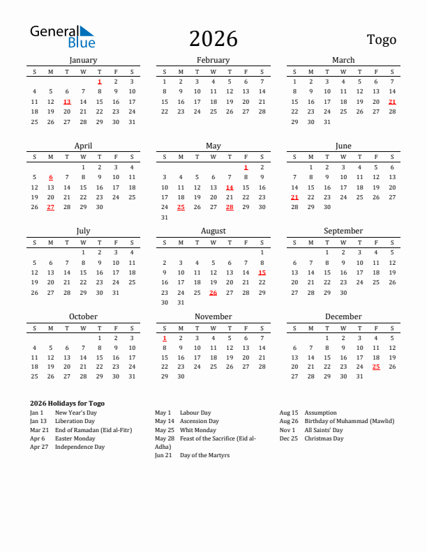 Togo Holidays Calendar for 2026
