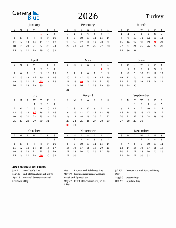 Turkey Holidays Calendar for 2026