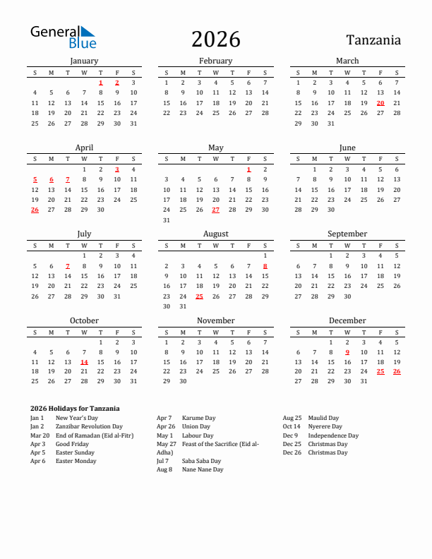 Tanzania Holidays Calendar for 2026