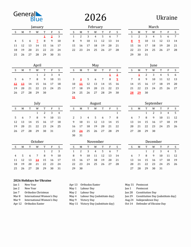 Ukraine Holidays Calendar for 2026