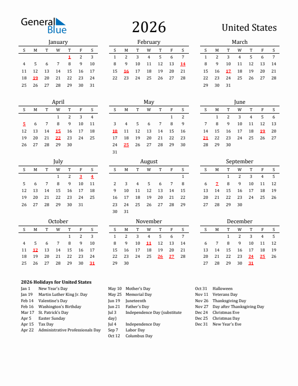 United States Holidays Calendar for 2026