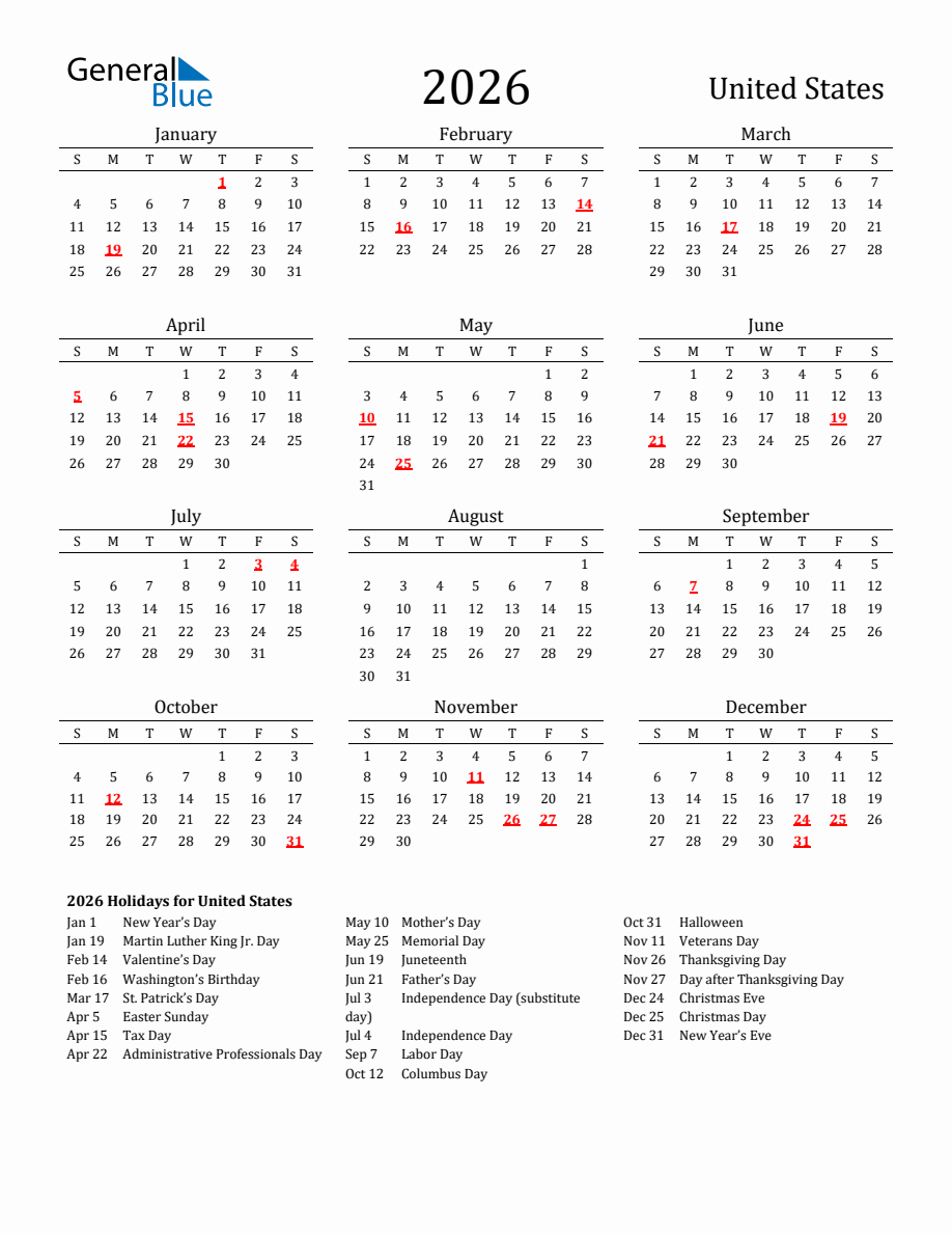 Free United States Holidays Calendar for Year 2026