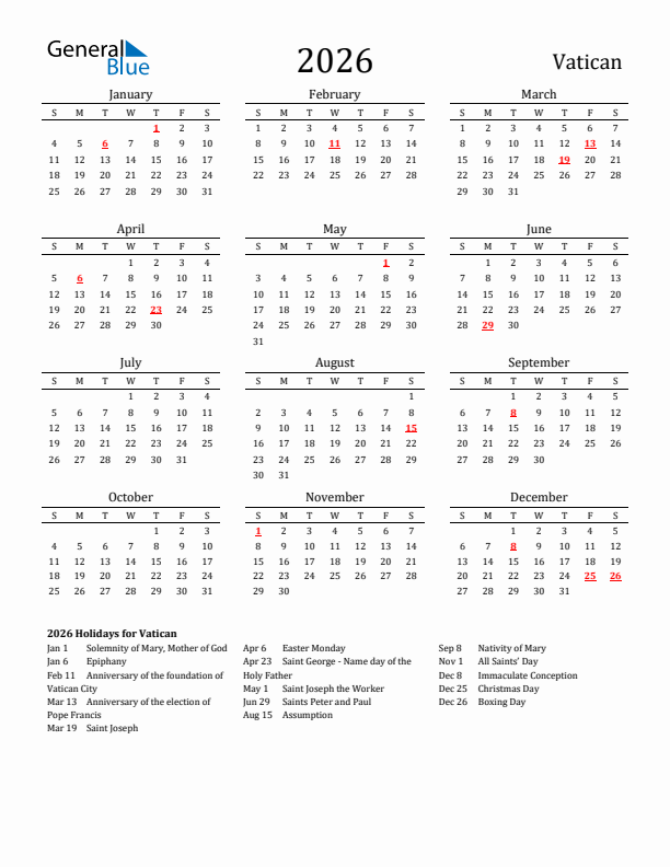 Vatican Holidays Calendar for 2026
