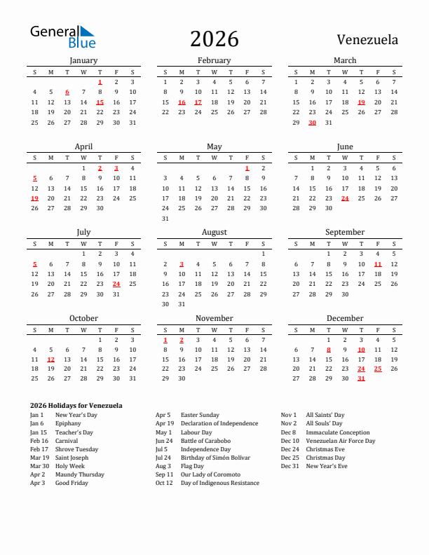 Venezuela Holidays Calendar for 2026