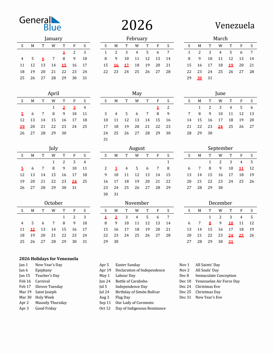 Free Venezuela Holidays Calendar for Year 2026