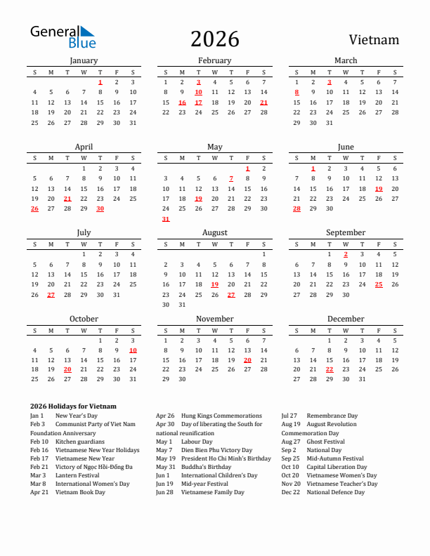 Vietnam Holidays Calendar for 2026