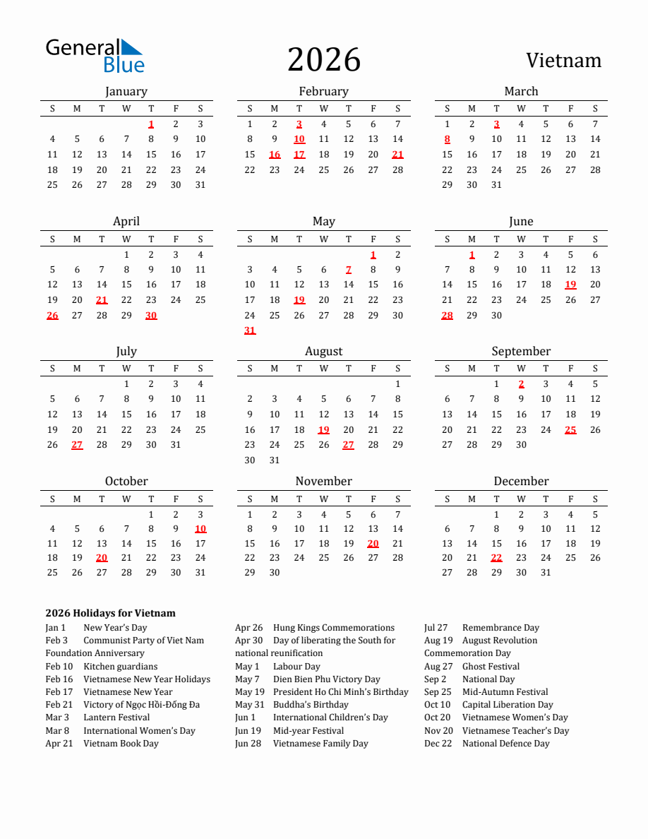 Free Vietnam Holidays Calendar for Year 2026