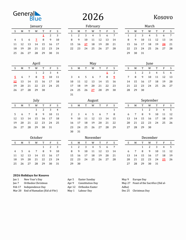 Kosovo Holidays Calendar for 2026