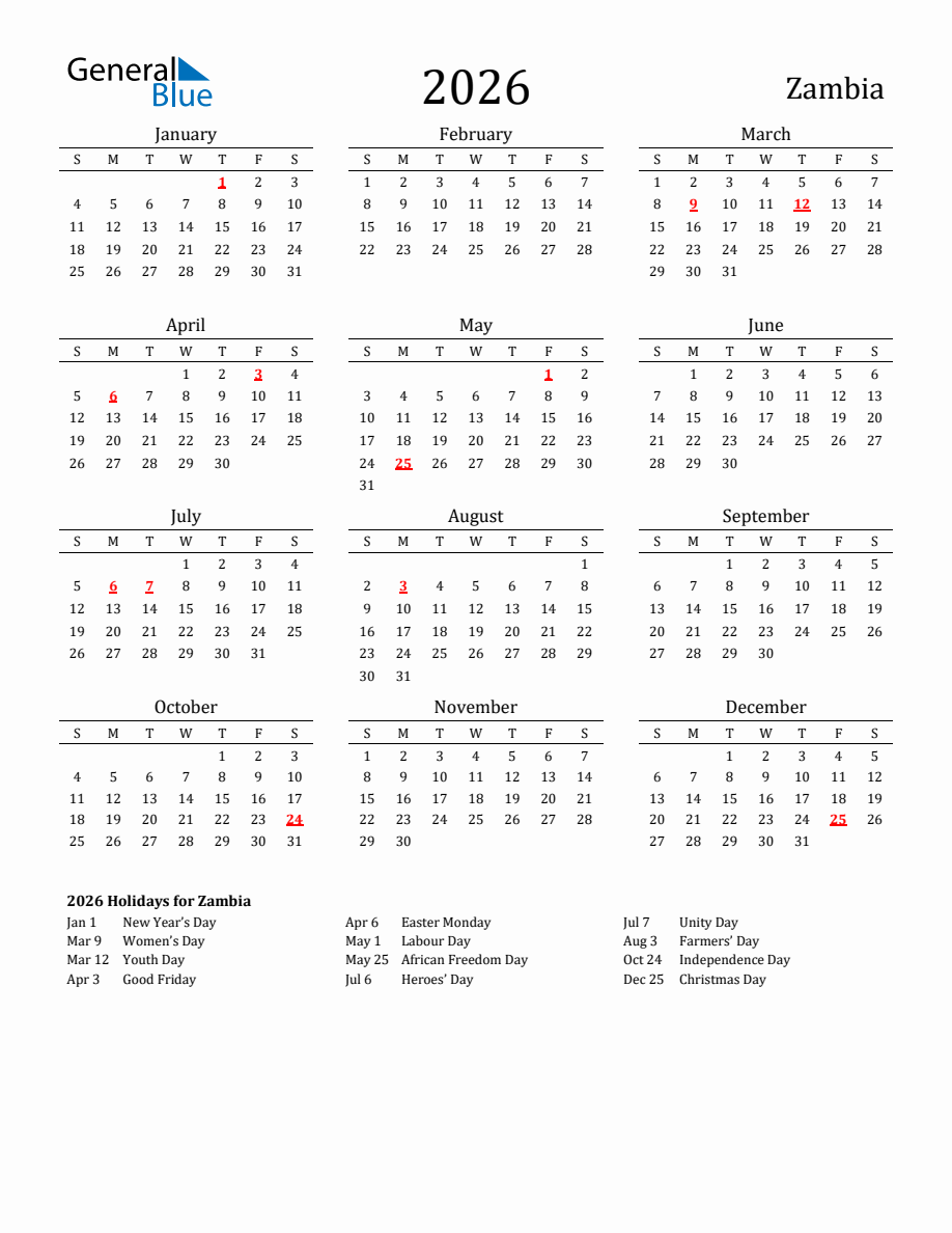 Free Zambia Holidays Calendar for Year 2026