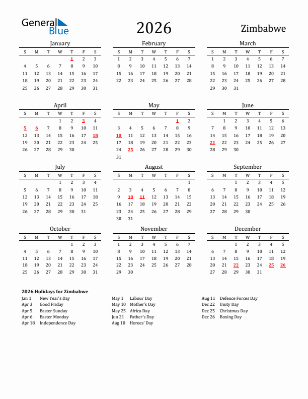 Zimbabwe Holidays Calendar for 2026