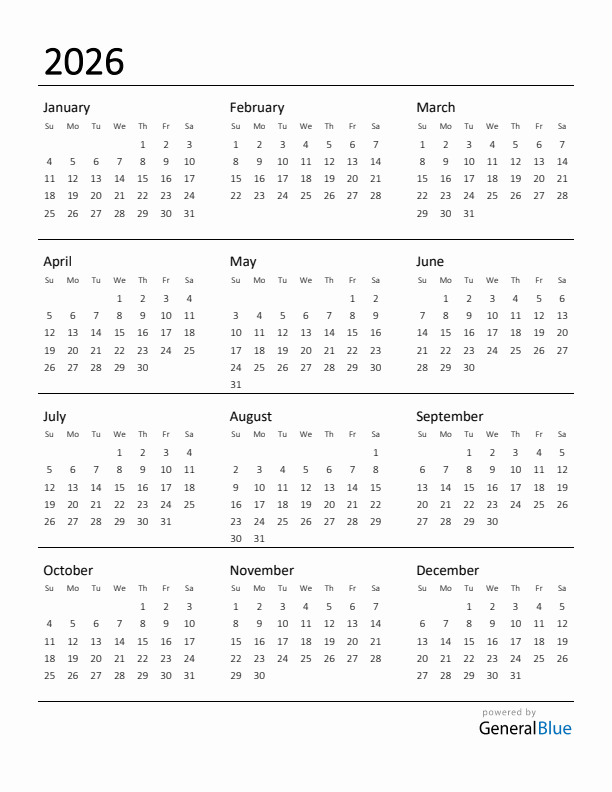 Free 2026 Calendars In PDF Word Excel