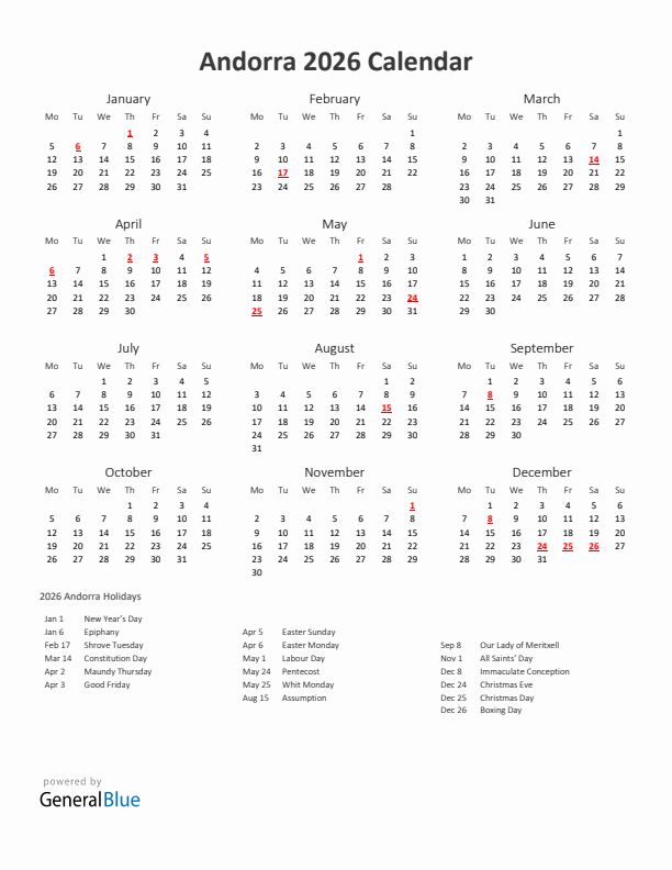 2026 Yearly Calendar Printable With Andorra Holidays