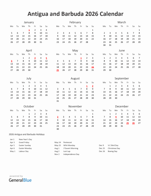 2026 Yearly Calendar Printable With Antigua and Barbuda Holidays