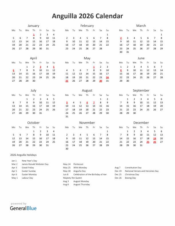 2026 Yearly Calendar Printable With Anguilla Holidays