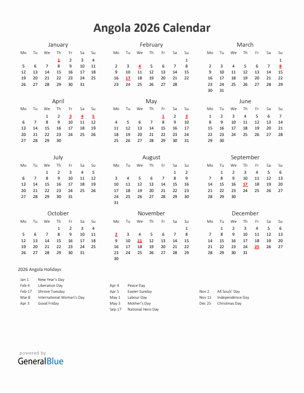 2026 Yearly Calendar Printable With Angola Holidays