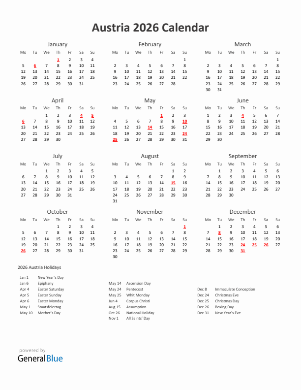 2026 Yearly Calendar Printable With Austria Holidays
