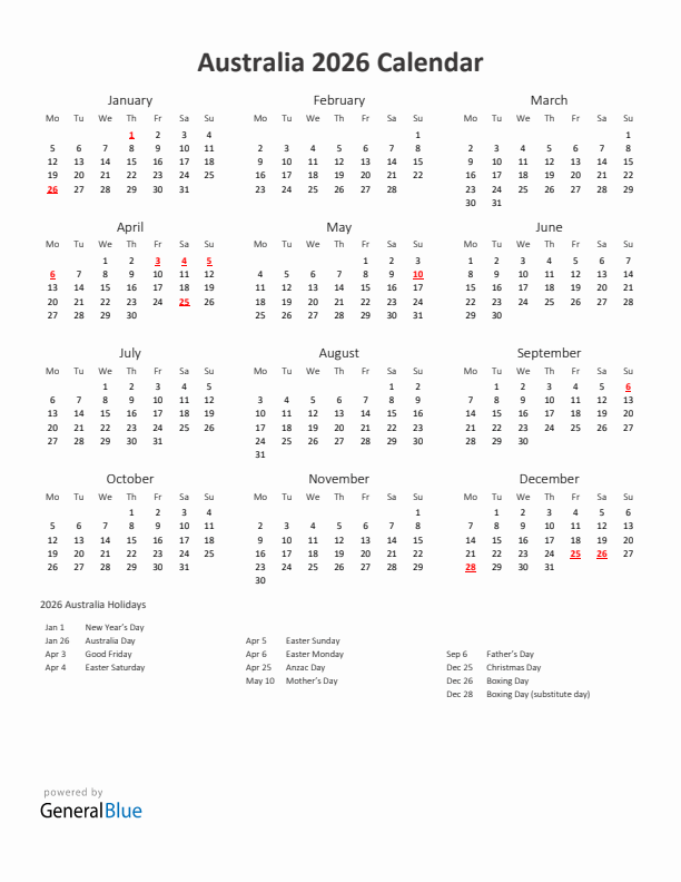 2026 Yearly Calendar Printable With Australia Holidays