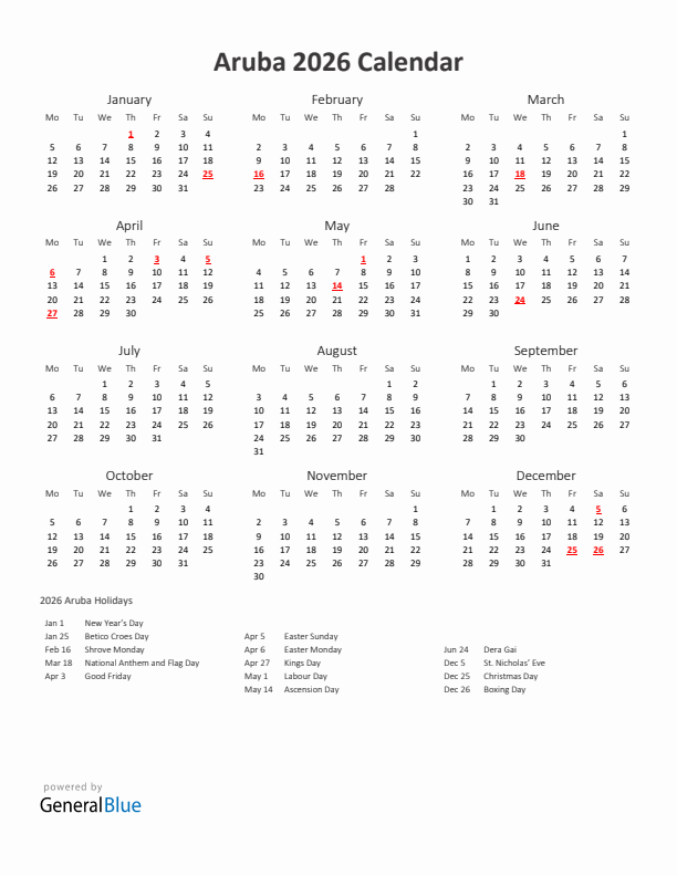 2026 Yearly Calendar Printable With Aruba Holidays