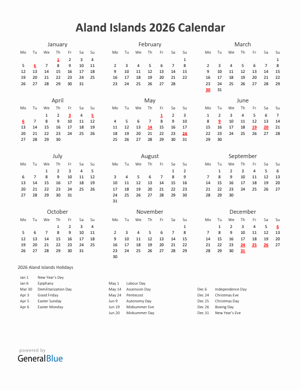 2026 Yearly Calendar Printable With Aland Islands Holidays