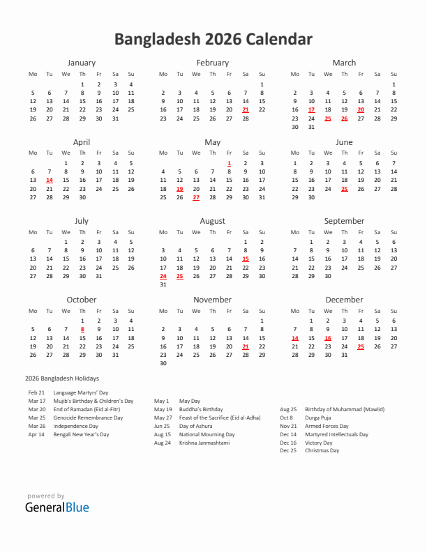 2026 Yearly Calendar Printable With Bangladesh Holidays