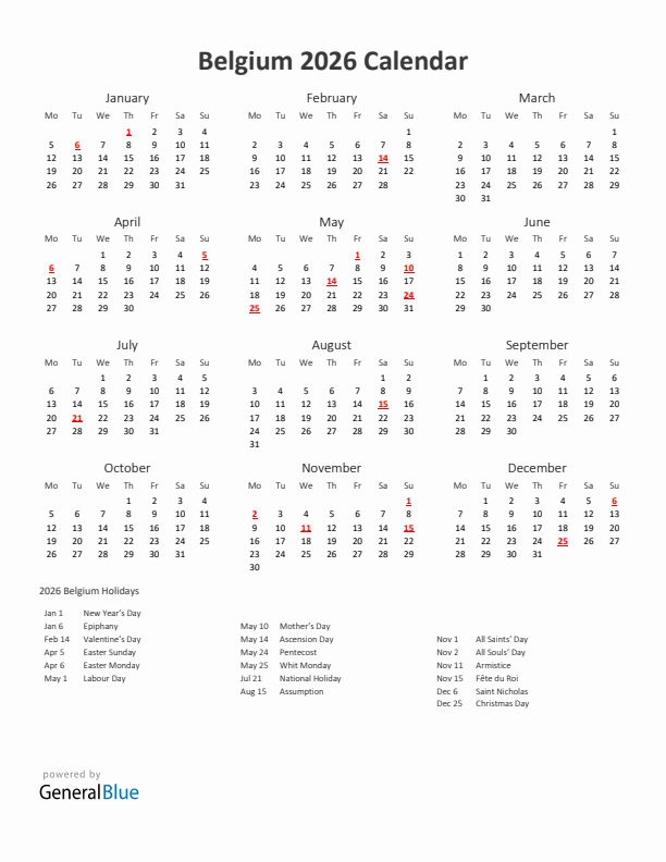 2026 Yearly Calendar Printable With Belgium Holidays