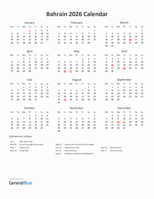 2026 Yearly Calendar Printable With Bahrain Holidays