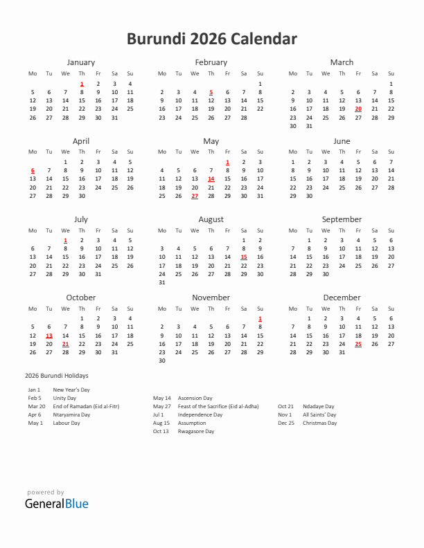 2026 Yearly Calendar Printable With Burundi Holidays