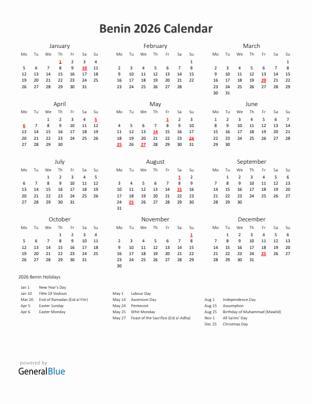 2026 Yearly Calendar Printable With Benin Holidays