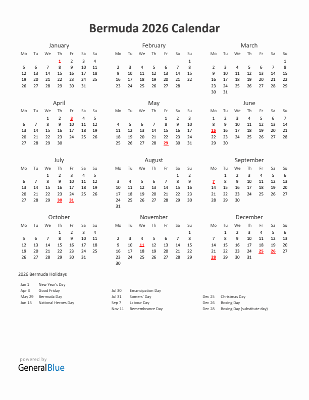 2026 Yearly Calendar Printable With Bermuda Holidays