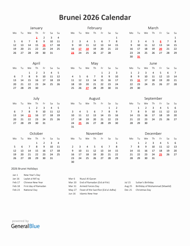 2026 Yearly Calendar Printable With Brunei Holidays