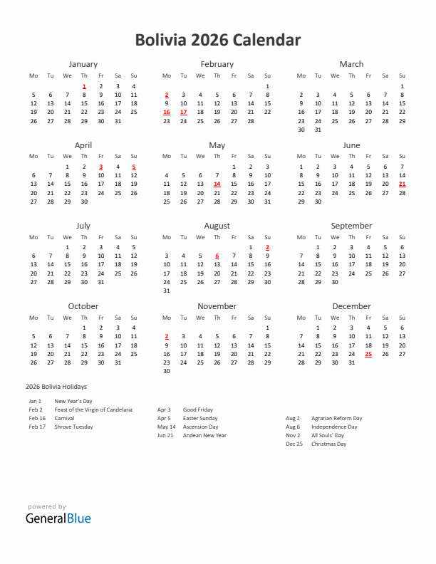 2026 Yearly Calendar Printable With Bolivia Holidays