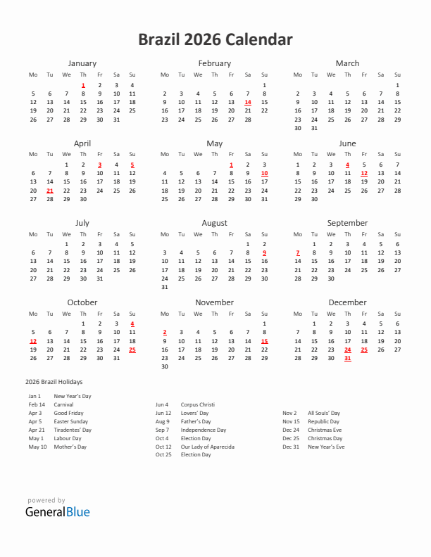 2026 Yearly Calendar Printable With Brazil Holidays
