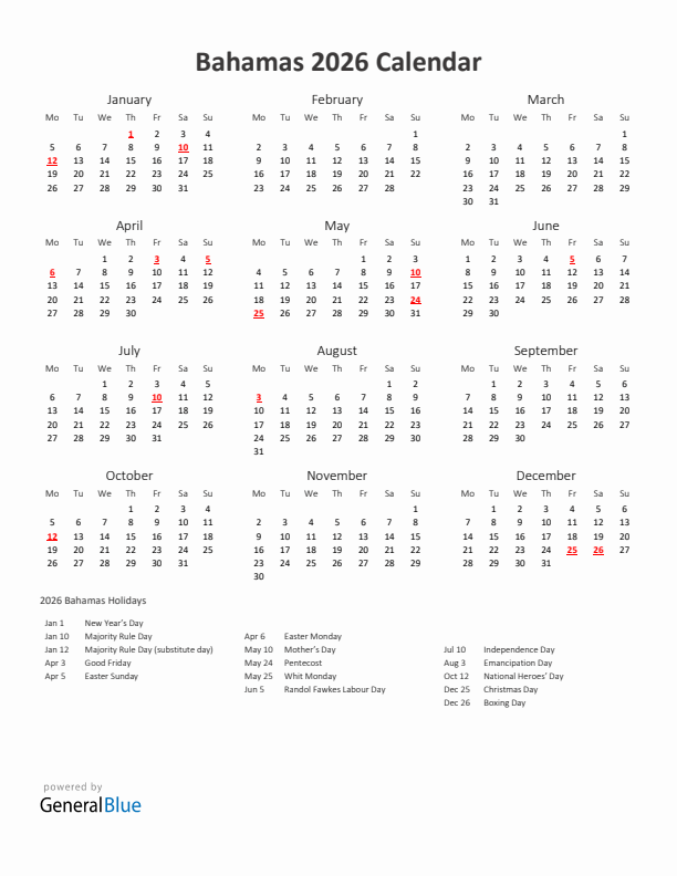 2026 Yearly Calendar Printable With Bahamas Holidays