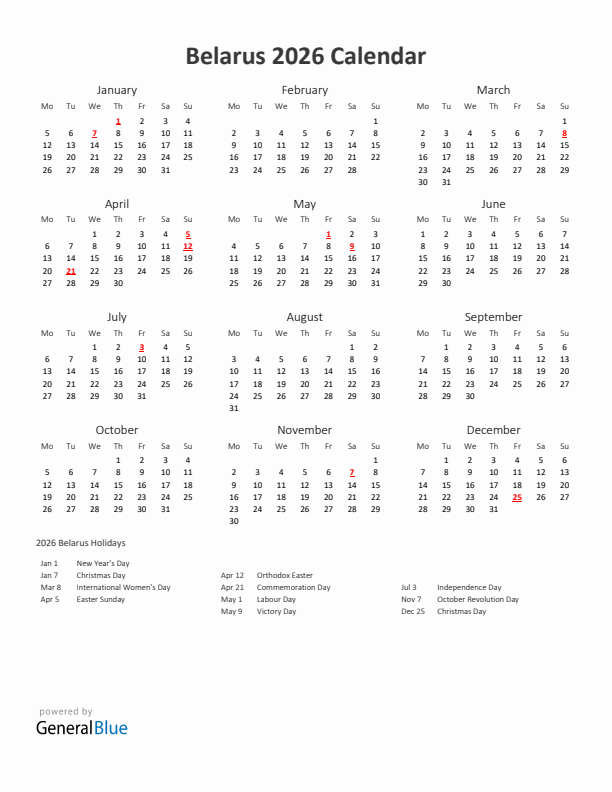 2026 Yearly Calendar Printable With Belarus Holidays