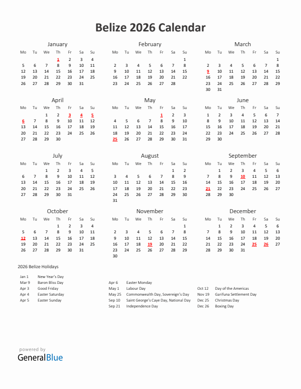 2026 Yearly Calendar Printable With Belize Holidays