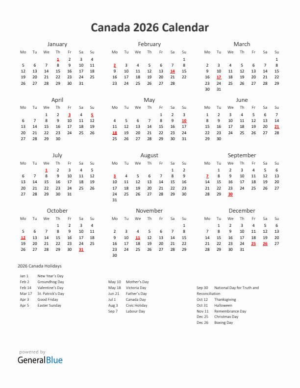 2026 Yearly Calendar Printable With Canada Holidays