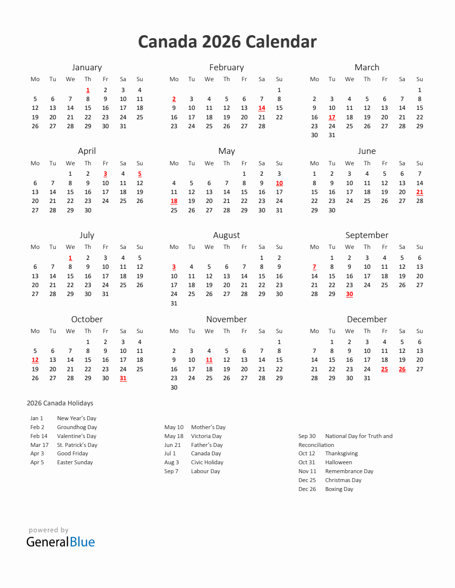 2026 Yearly Calendar Printable With Canada Holidays