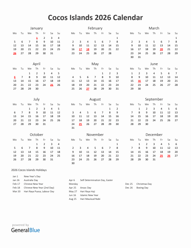 2026 Yearly Calendar Printable With Cocos Islands Holidays