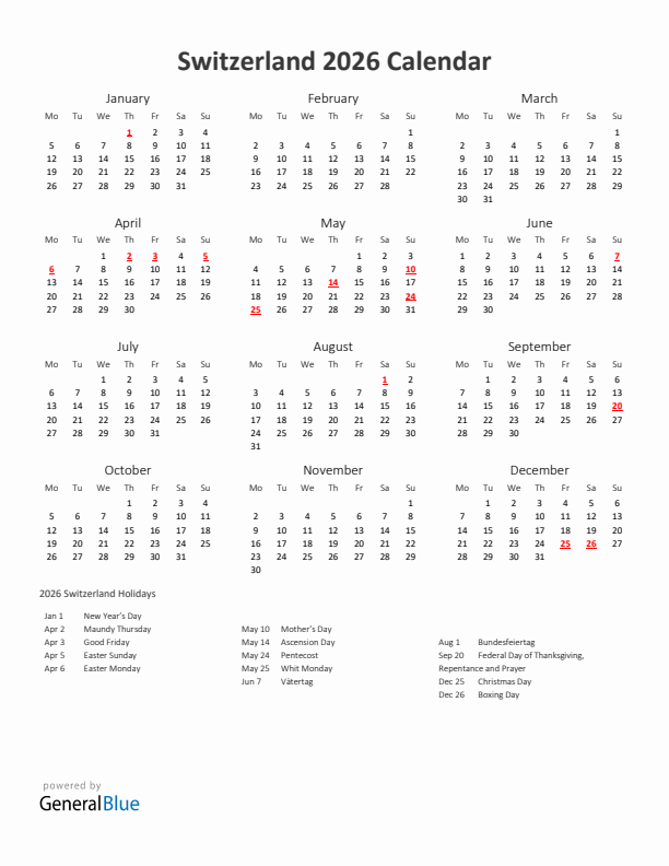 2026 Yearly Calendar Printable With Switzerland Holidays