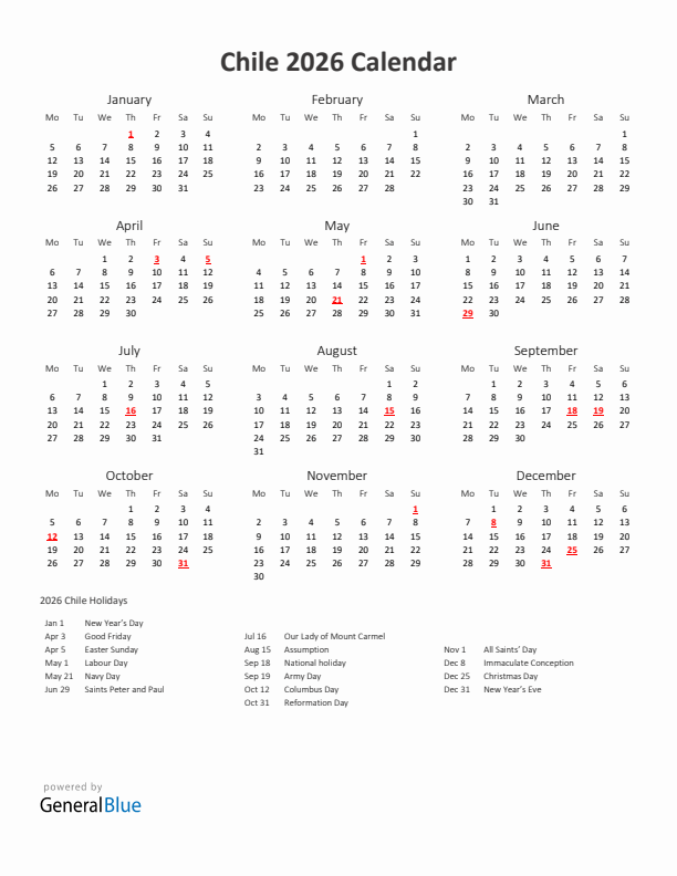 2026 Yearly Calendar Printable With Chile Holidays